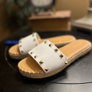 BAMBOO White and Tan Studded Espadrille Slides